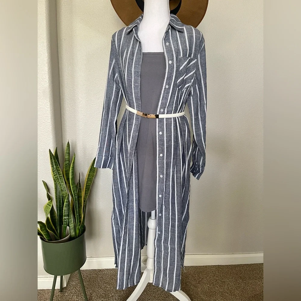New - Striped Blue & White Sheer Swim Cover Up / Kimono / Button Up Shirt Dress - Picture 4 of 14